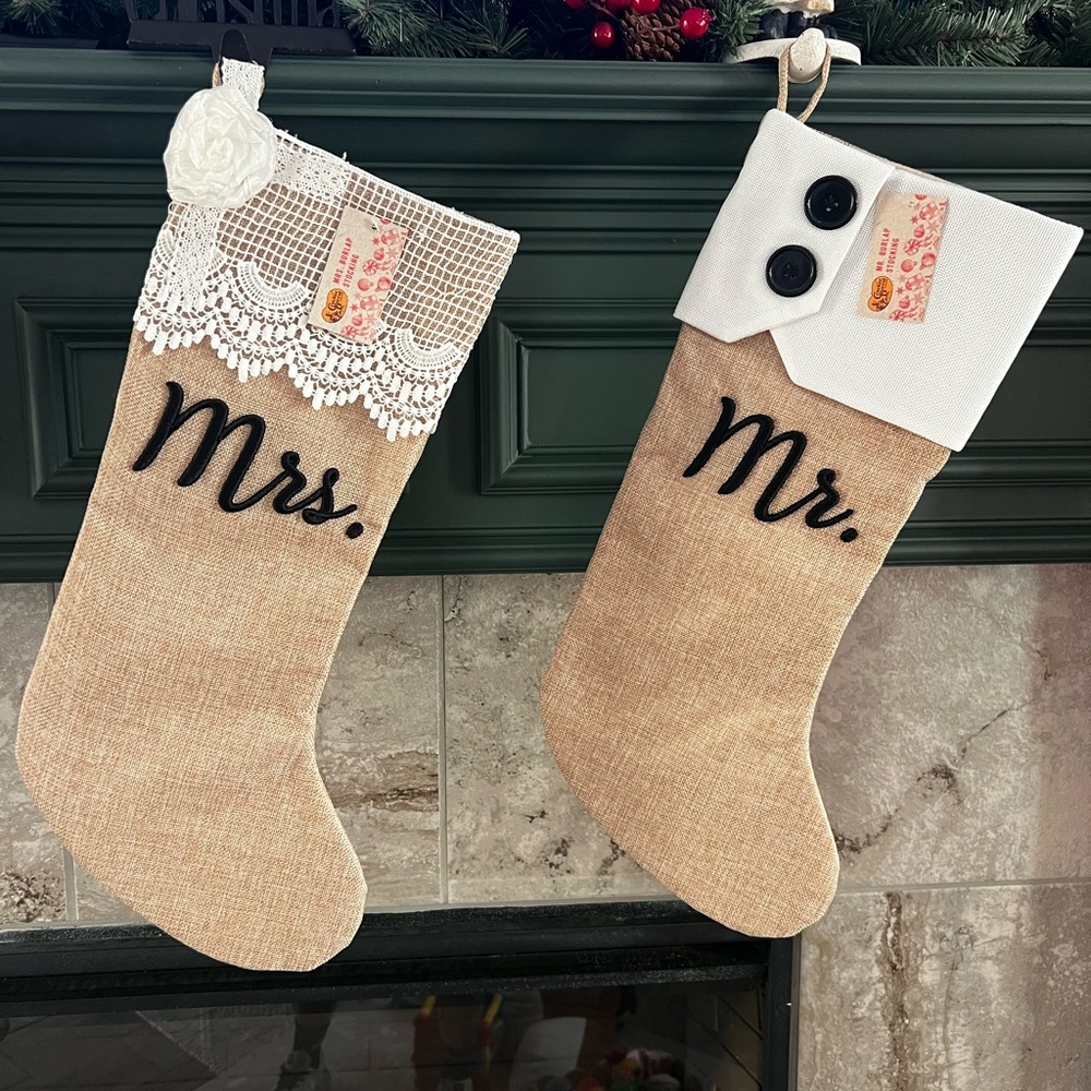 NWT Burlap Mr. & Mrs. Christmas Stockings